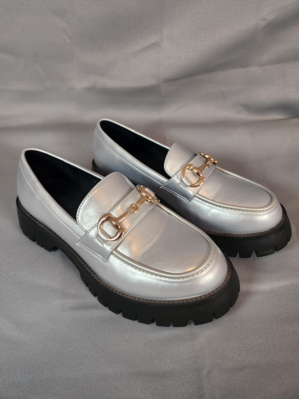 Mata Showstopper 6 Metallic Silver Buckle Lug Sole Loafers for Women